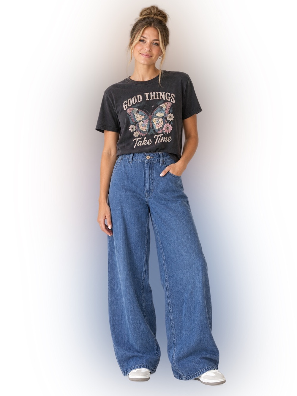 Rewash High Rise Elastic Waist Wide Leg Denim Pants Medium Blue Lyocell size 27